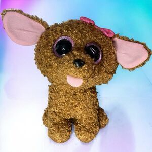 Ty Beanie Boos Maddie Brown Puppy Dog Pink Bow Plush stuffed toy Glitter Eyes 8”